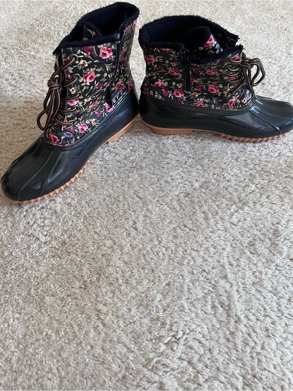 Sporto Brown Rubber with Pink Floral Lace-Up Rain & Snow Boots Women 9 GUC - Picture 11 of 12